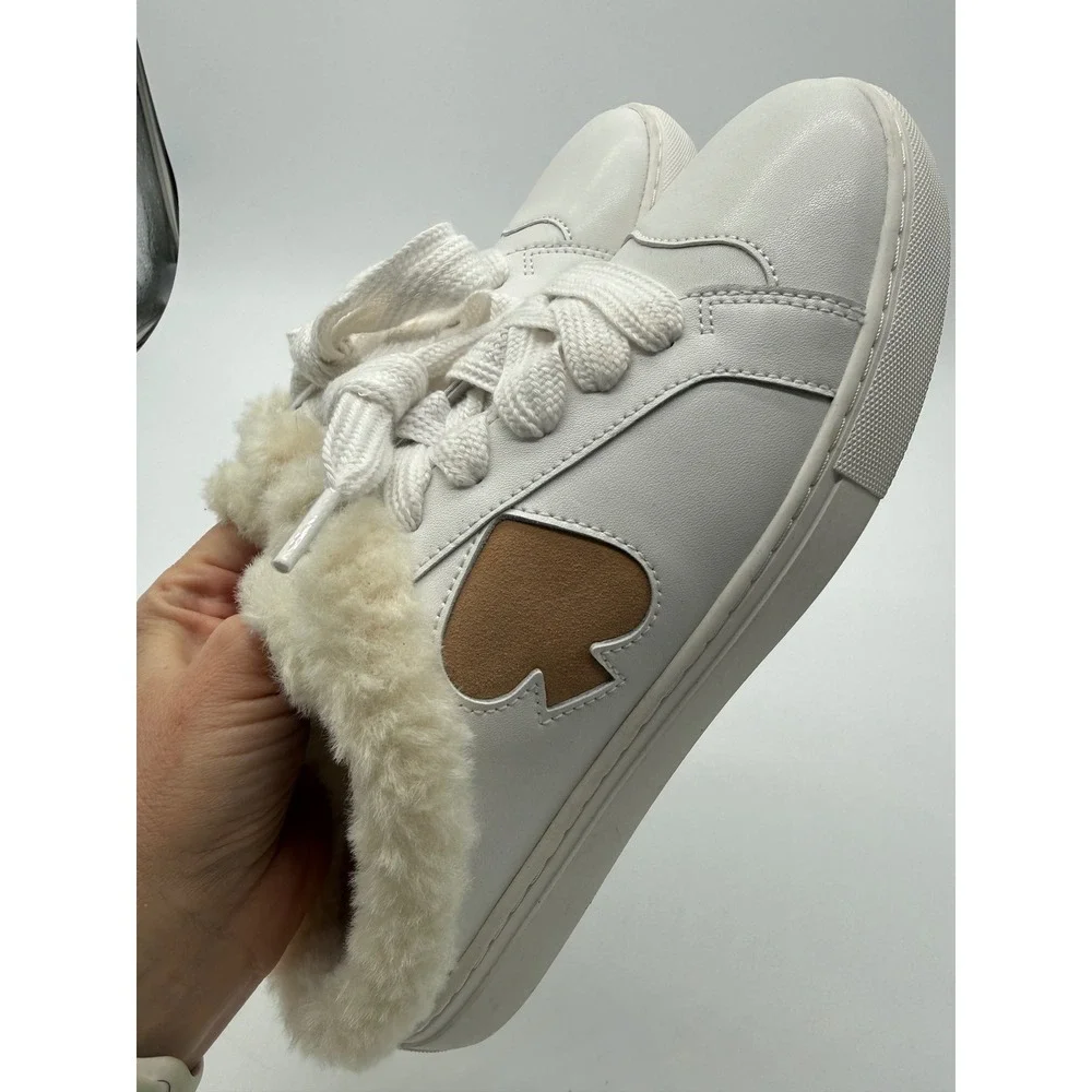 Kate Spade Fez Mule Winter Lace Up Sneaker White Leather‎ Faux Fur Trim 7.5B